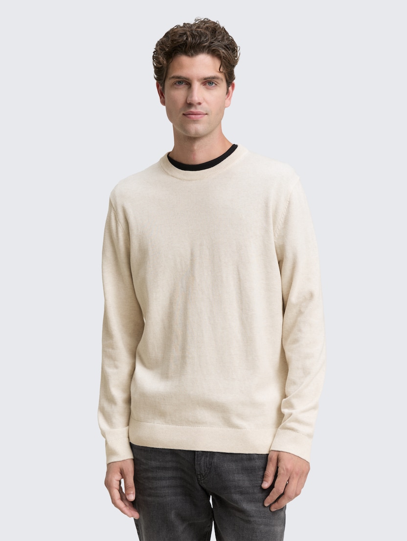 Pulover tricotat cu guler rotund - Bej