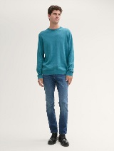 Pulover tricotat cu decolteu rotund - Albastru_1026528