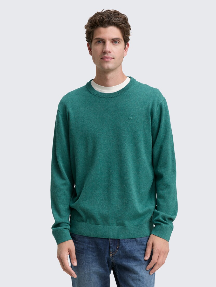 Pulover tricotat cu guler rotund - Verde