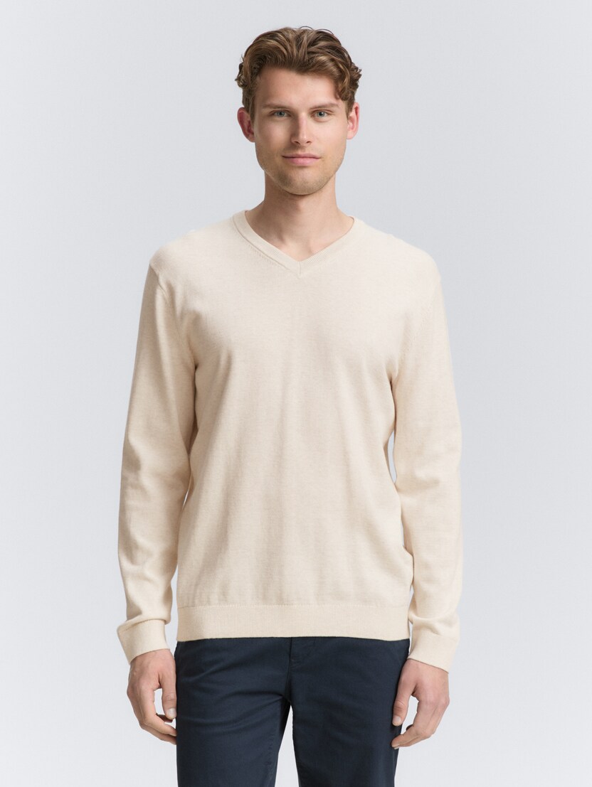 Pleteni džemper sa V-izrezom - Bež_9335277