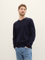 Pleteni pulover s V-izrezom - Plava_3151435