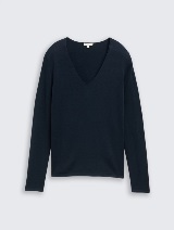 Pleteni džemper sa V-izrezom - Plava_9053654